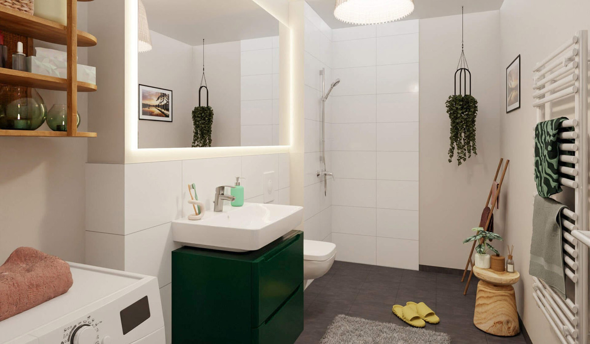 Ein modern gefliestes Badezimmer