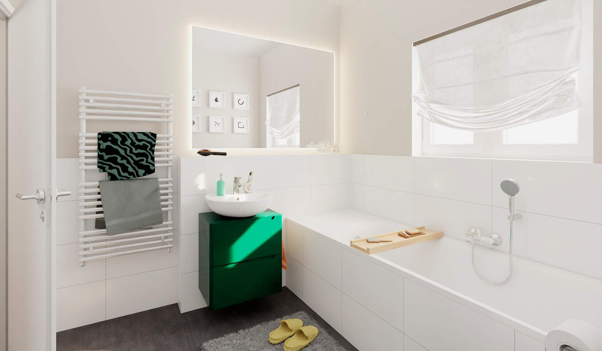Im hellen Bad mit Badewanne und Dusche starten Sie entspannt in den Tag und lassen ihn in Ruhe ausklingen