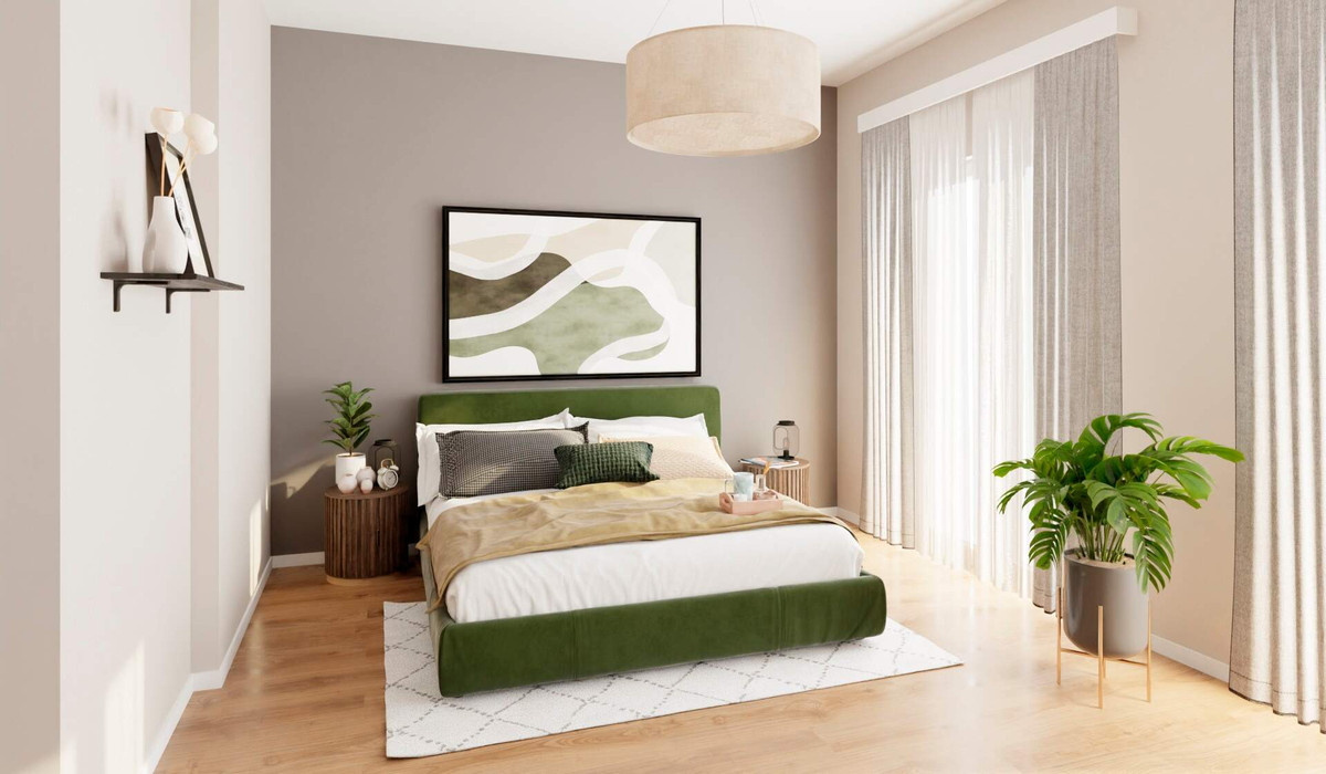 Ein ruhiges Schlafzimmer, das Raum für Erholung und persönliche Gestaltung lässt