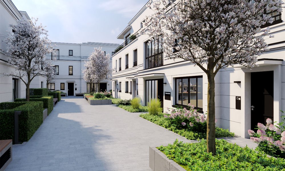 Düsseldorf-Bilk: die Wohngut Grimm Immobilien GmbH bietet im Neubau „Jakobshof“ 8 Eigentumswohnungen und 16 Stadthäuser (Bild: Wohngut Grimm Immobilien GmbH).