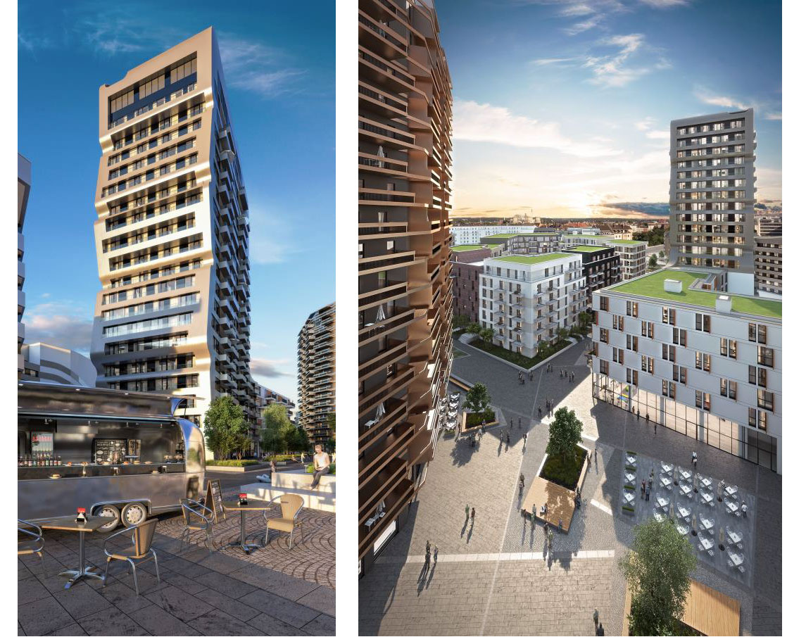Die Freiflächen und die unterschiedliche Architektur der Baukörper des Neubaus „Grand Central“ sorgen für ein abwechslungsreiches Stadtquartier (Bild: Catella Project Management GmbH).