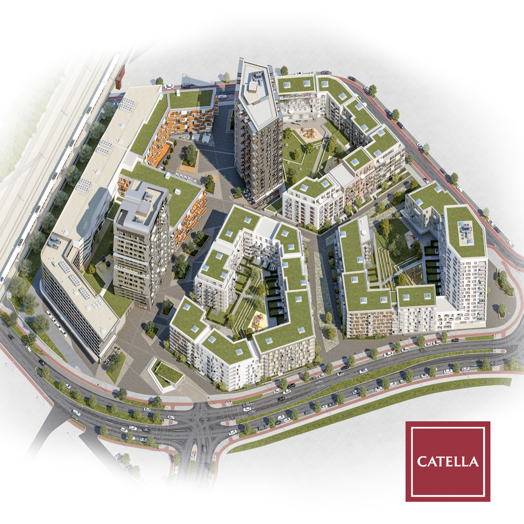 Wege und Grünflächen lockern das „Grand Central“ auf und schaffen Aufenthaltsflächen (Bild: Catella Project Management GmbH).