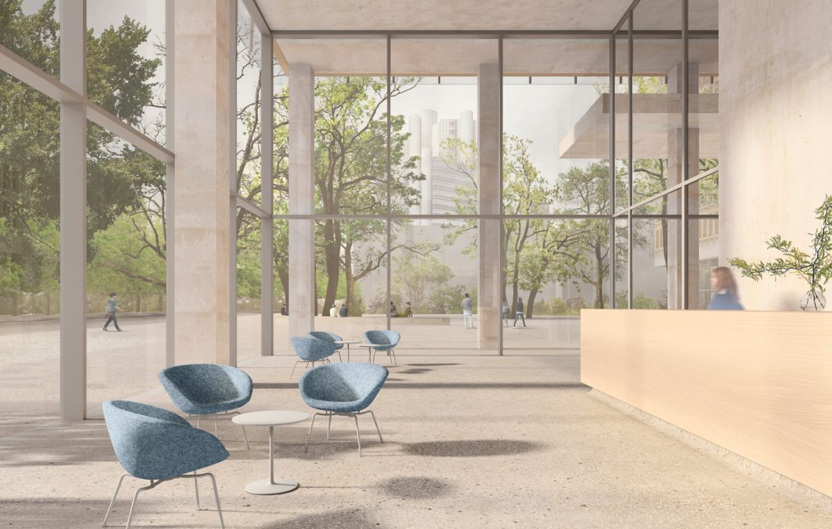 In der Nachbarschaft der neuen BVK-Zentrale, die in der Richard-Strauss-Straße 76 entsteht, lockt der Grünzug Denninger Anger ins Grüne (Bild: David Chipperfield Architects).