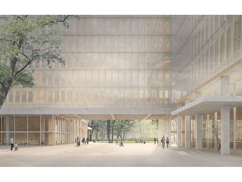 Die drei Baukörper des Hochhausensembles in Holzhybridbauweise werden vollständig verglast (Bild: David Chipperfield Architects).