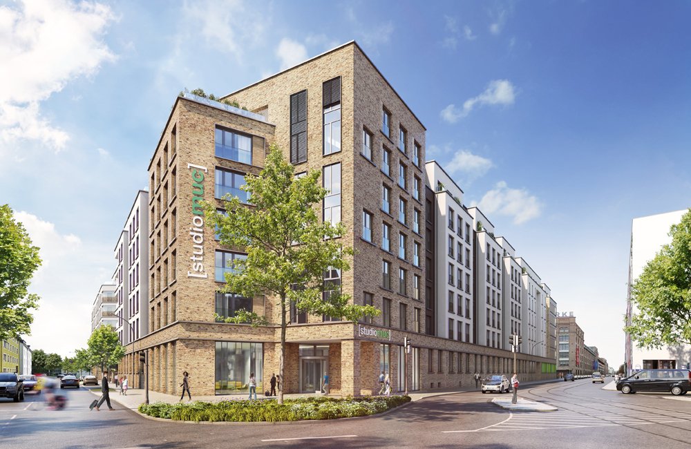 Das „studiomuc Frankfurt“ mit 345 neuen Serviced-Appartements zur Kapitalanlage (Bild: SWI Schimpel & Winter Hausbau GmbH). 