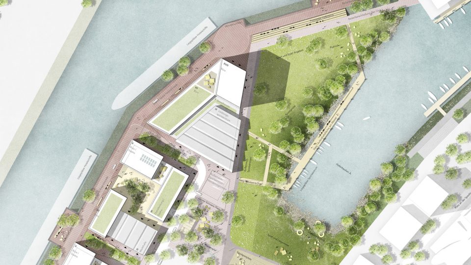 Blick von oben auf das Plangebiet „Halbinsel Kesselstraße“ im Medienhafen Düsseldorf (Animation DFZ Architekten, Hamburg + Atelier Loidl Landschaftsarchitekten, Berlin).