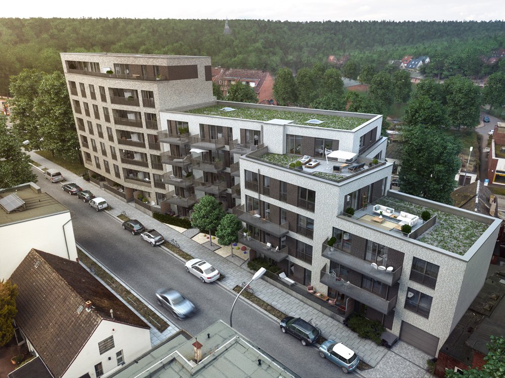 Begrünte Dachterrassen und moderne Architektur: Bahrenfelder Duo. Bild: Richard Ditting GmbH & Co KG