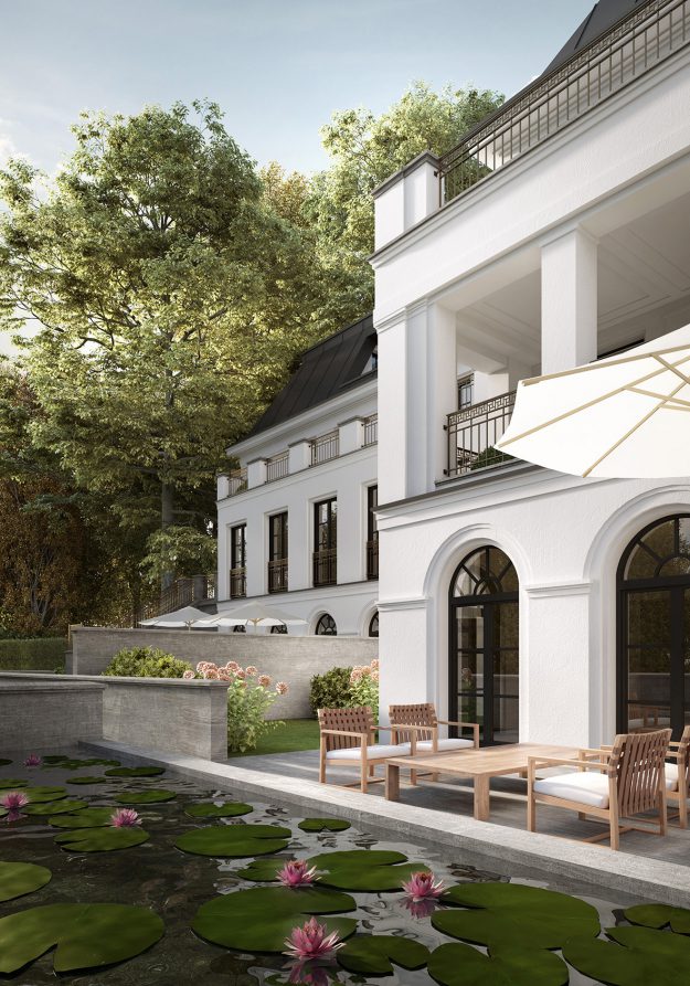 Von den beiden Maisonette-Wohnungen im Gartengeschoss und Hochparterre haben die Bewohner im „HAUS BENNETT“ einen Ausblick auf die Wasserbecken vor der Terrasse (Bild: Ralf Schmitz GmbH & Co. KGaA).