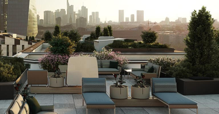 Dachterrasse Hafenpark Quartier Frankfurt. Bild: B&L Gruppe