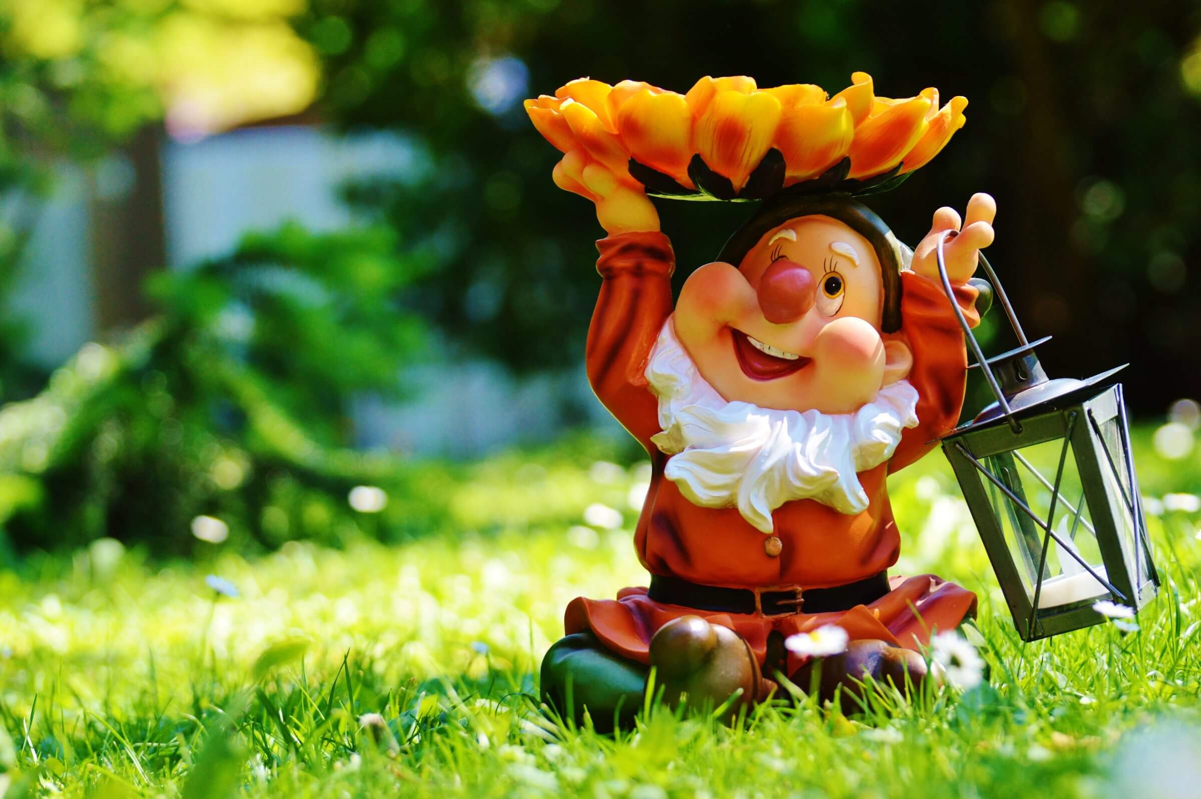 Lachender Gartenzwerg im Garten.