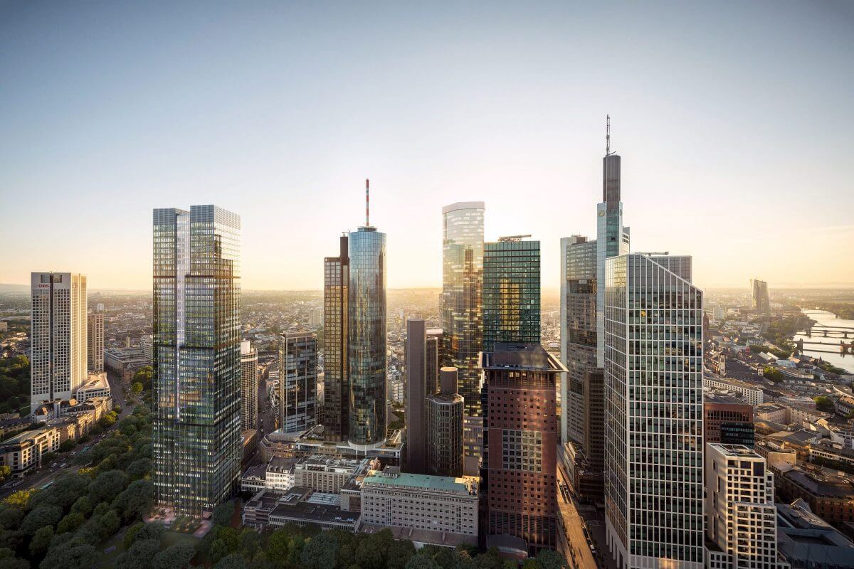 Frankfurts Skyline mit mehreren Hochhäusern, darunter der Central Business Tower und der 259 Meter hohe Commerzbank Tower.