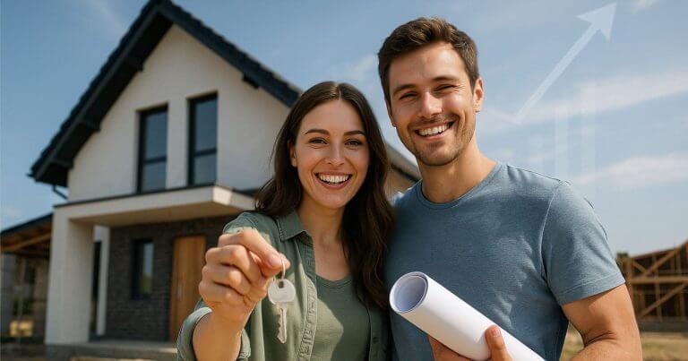 Bauzinsen 2025 Paar steht vor ihrem Neubau-Kauf