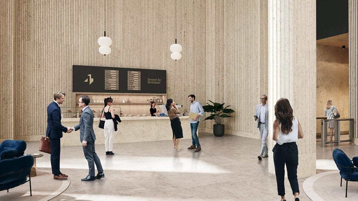 Die weitläufige Lobby von The Berlinian als Visualisierung.