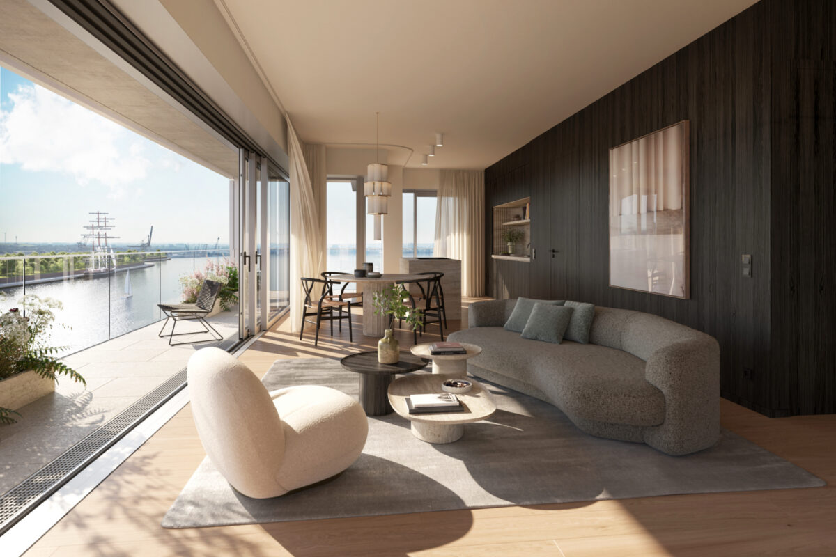 Wohnzimmer mit Terrasse und Blick auf Hafen