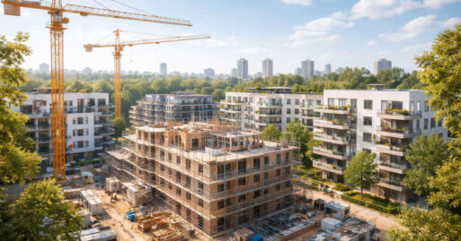 Große Baustelle von oben mit Baukran