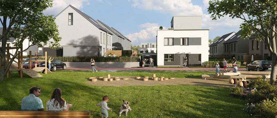 Das Beste für Ihre Kleinen: Der große, begrünte Spielplatz mit verschiedenen Spielgeräten und Sit...