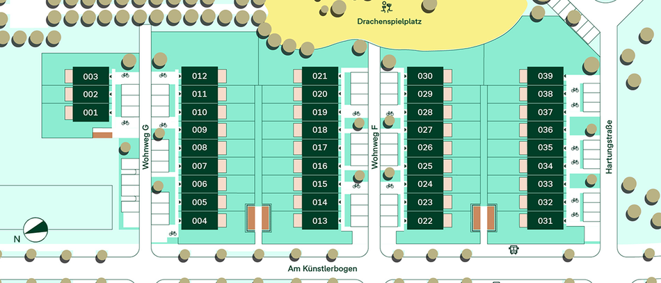Die Lage der 39 Häuser in unserem Wohnquartier Parkstadt Portitz